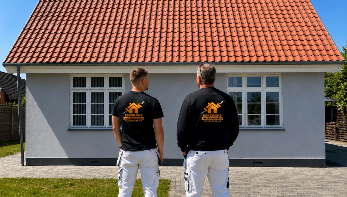 De to malere bag Eskebæks Malerservice foran et nymalet hus